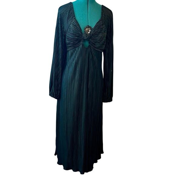 Arula Black Pleated Knot Front Cutout Midi Dress Long Sleeve Size A (L/XL) - Picture 1 of 6